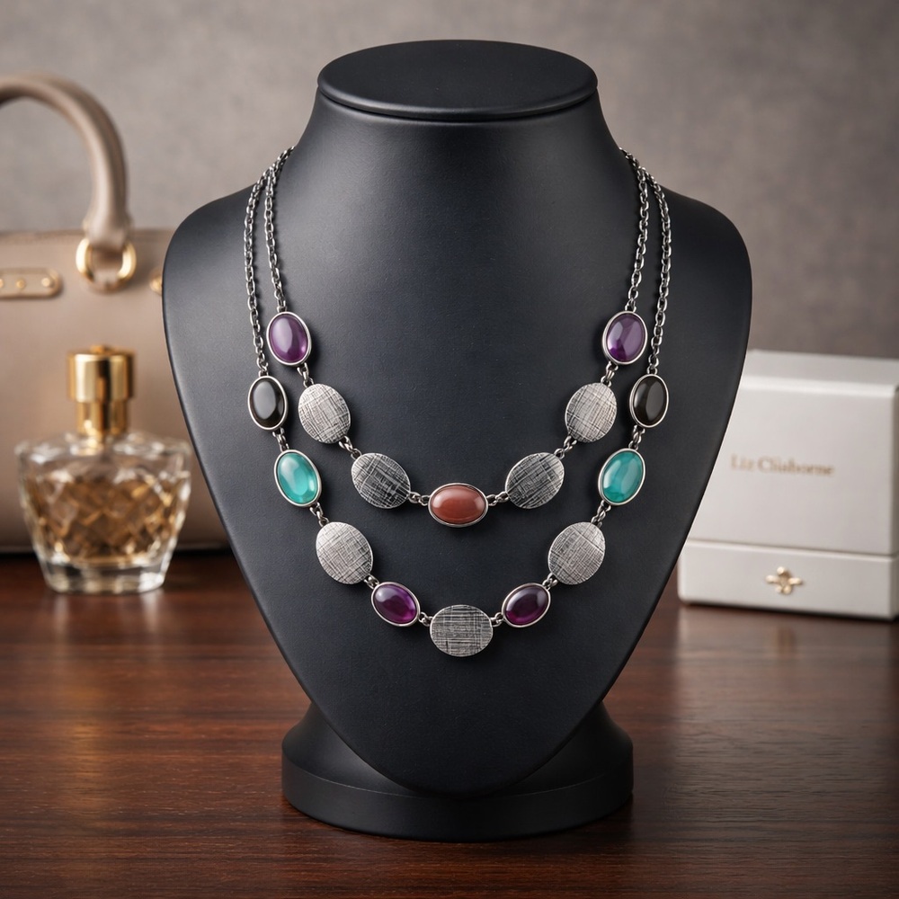 Vintage 1976 Liz Claiborne Two Strand Multi Coloured Acrylic Stones Necklace